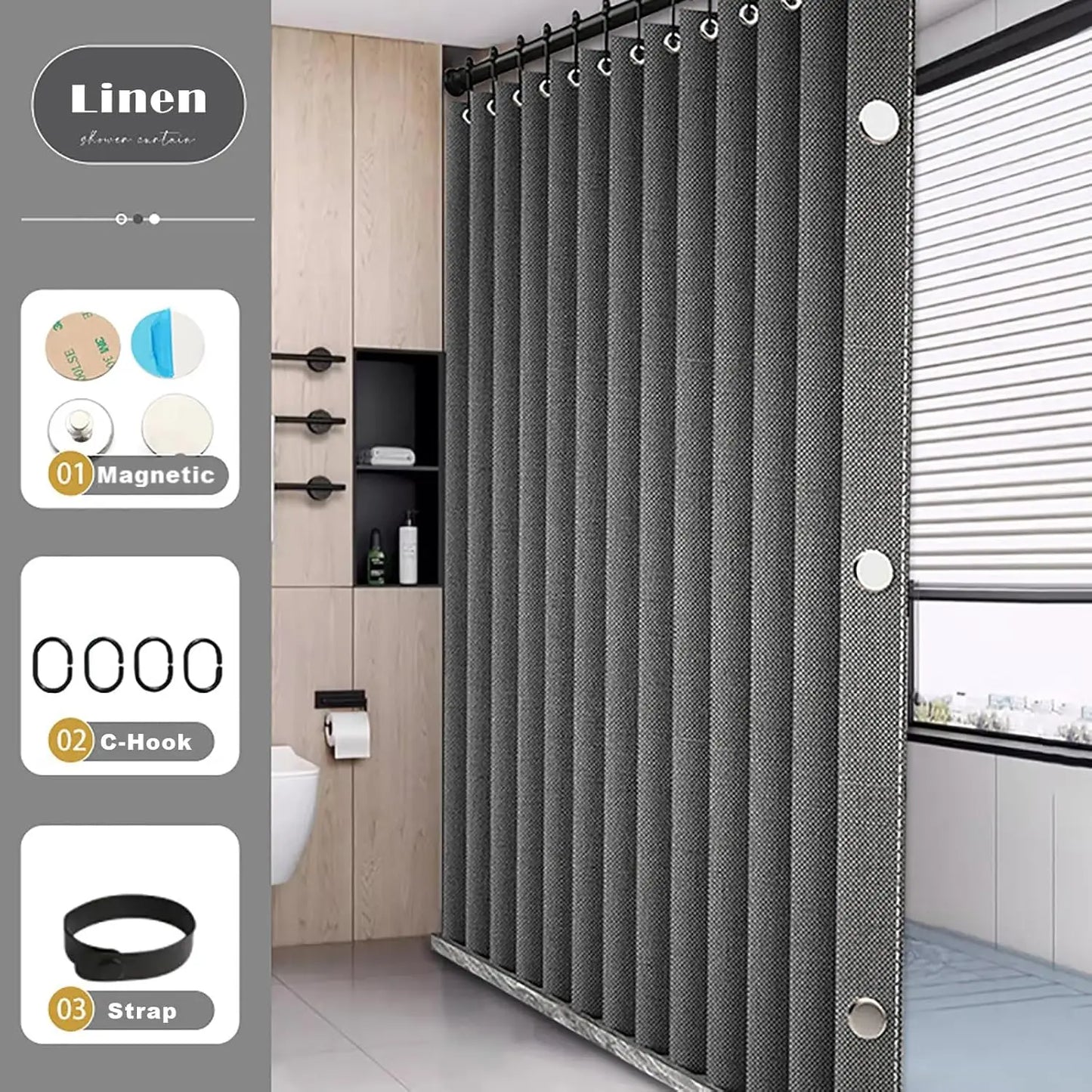 Folding Linen Shower Curtain - Waterproof with Magnets for Walk-in Showers - ZOOMNSTORE