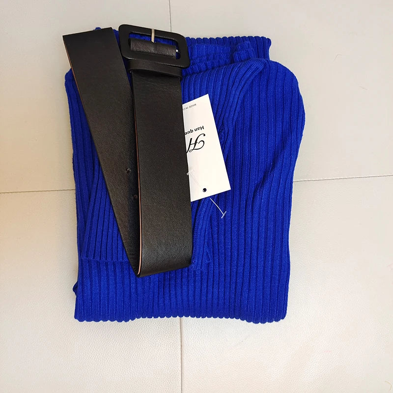 Knitted Turtleneck Bodycon Dress - Soft Elastic Midi Party Dress with Belt for Women
