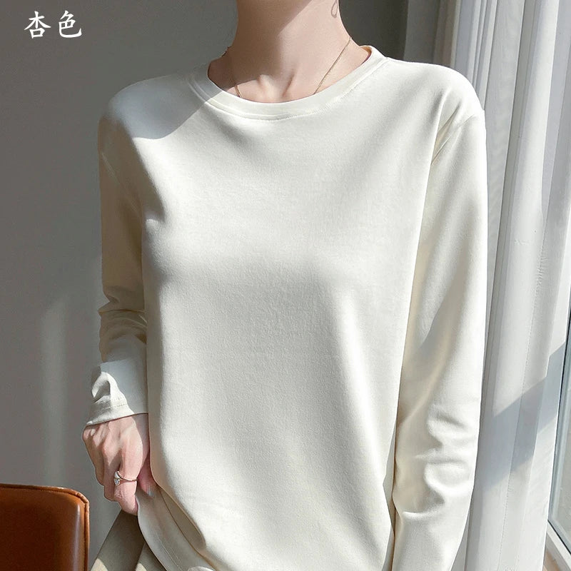 100 Cotton Womens Long-Sleeved Round Neck T-Shirt - Loose Bottoming Top for Spring Autumn
