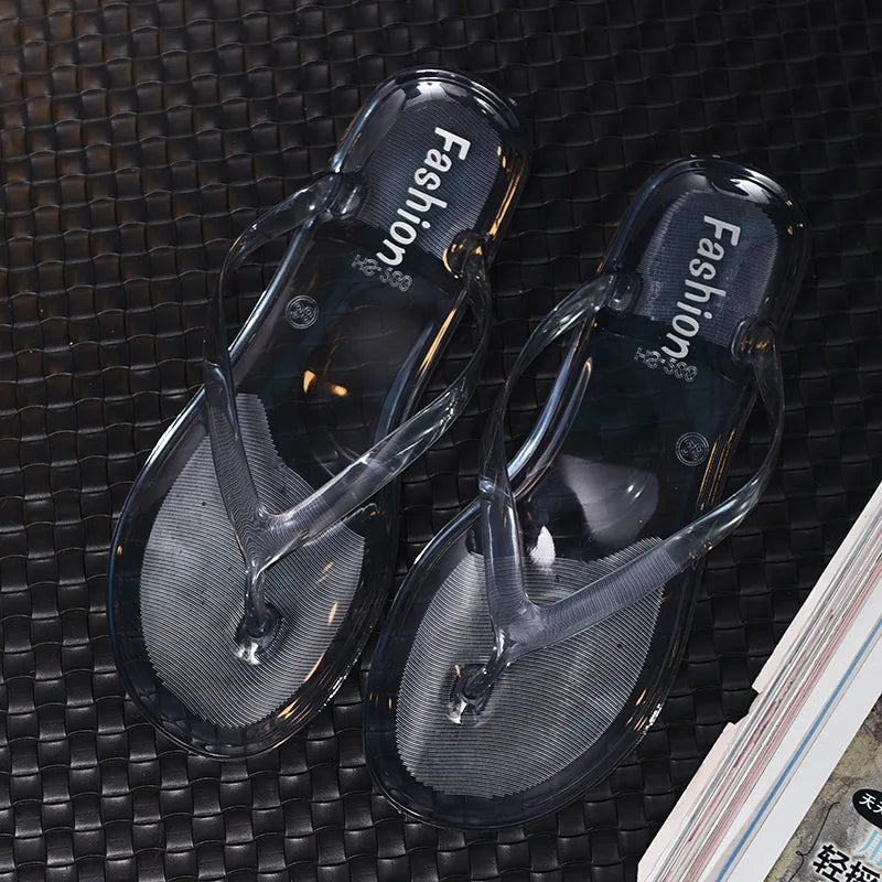 Hot Transparent Beach Sandals Korean Version Female Jelly Crystal Clip On Flip Flops Summer Student Outfit Leisure Flat Bottom