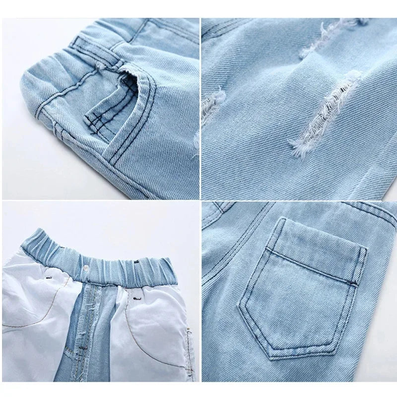Kids Denim Boy Shorts - Casual Torn Jeans Knee Length Elastic Waist Fashion Trousers 2-8Y
