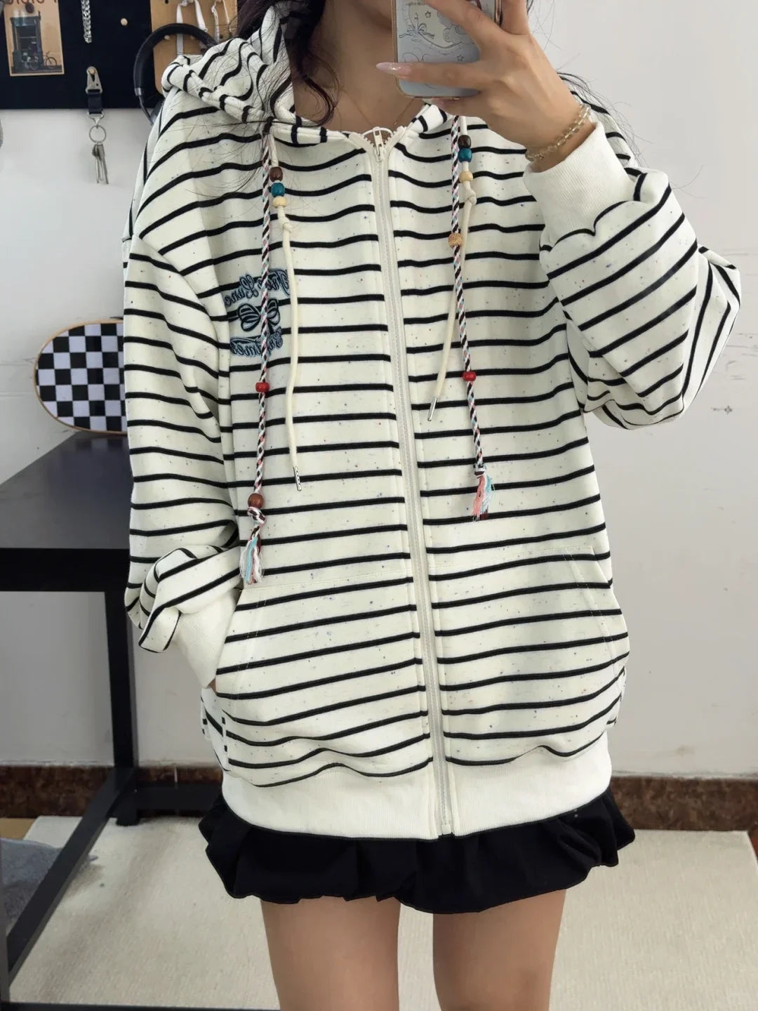Y2K Vintage Zipper Hoodie Women Long Sleeve Subculture Purple Stripe Priint Harajuku Style Autumn Spting Casual Tops Streetwear