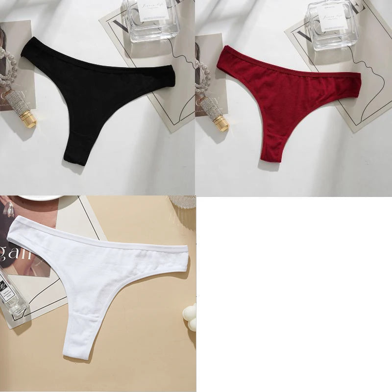 3PCS Cotton Blends T-back Briefs Women's Sexy Low rise Thong Panties L-2XL Plus Size Simple Breathable Underwear Solid Panty