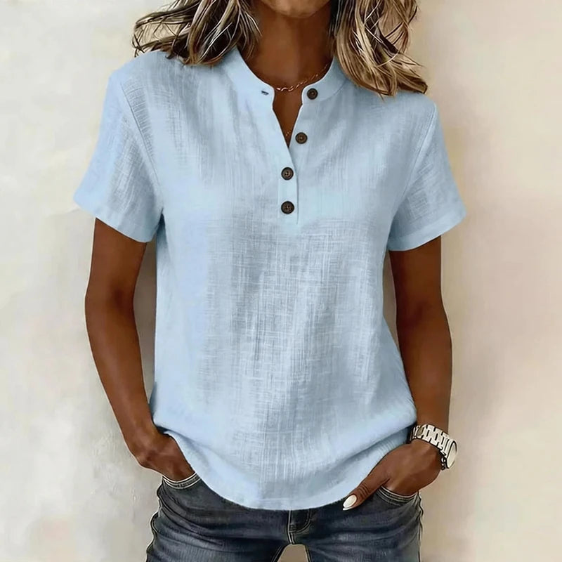 Summer Short Sleeve Basic Blouses Women's Shirts Solid Color V Neck Button Shirts Women Casual Cotton Linen Loose Tops Pullover