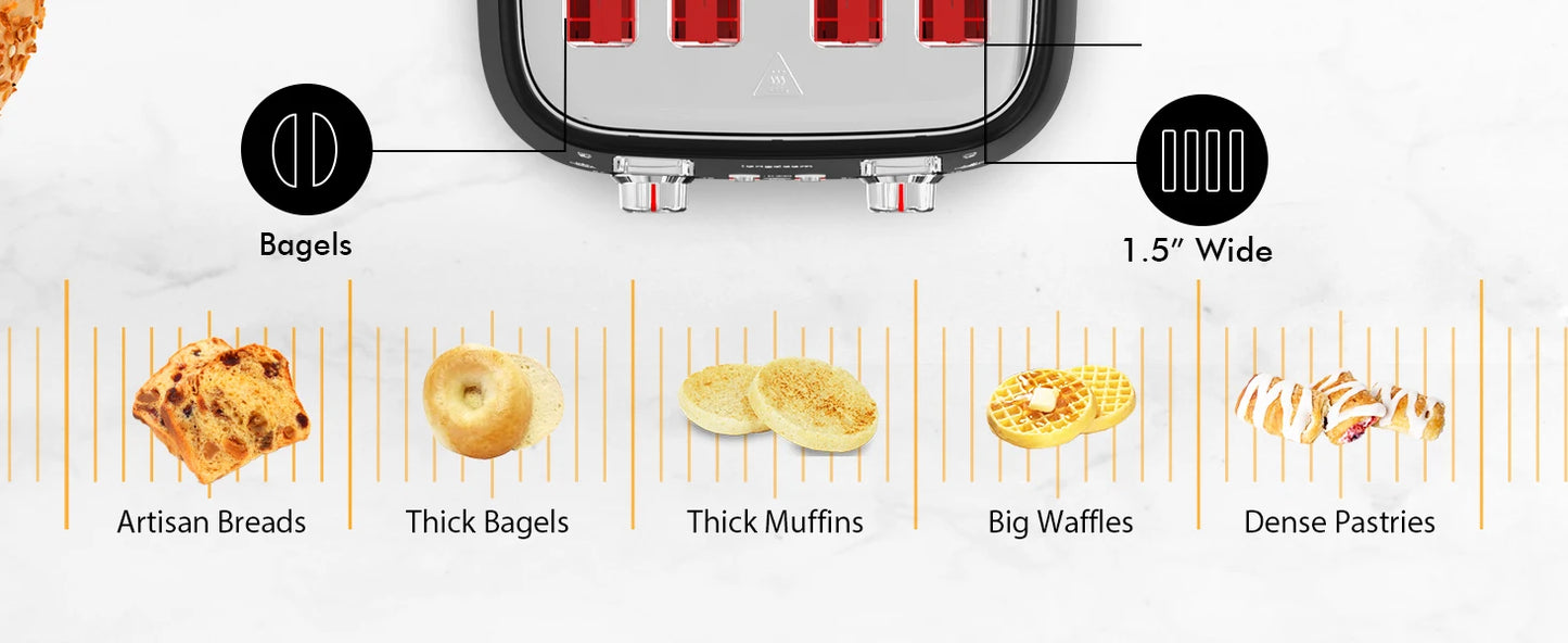 4-Slice Stainless Steel Toaster - Extra Wide Slots Dual Controls Removable Crumb Tray 6 Shade Settings Black