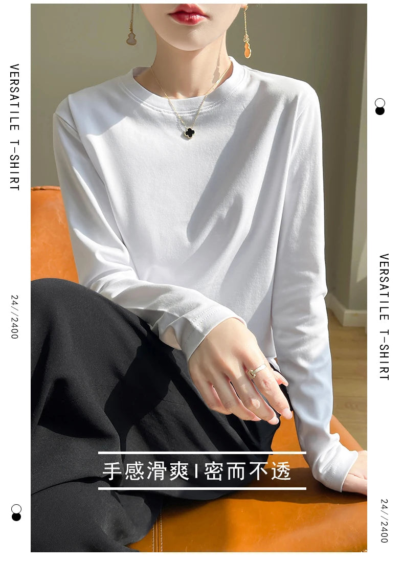 100 Cotton Womens Long-Sleeved Round Neck T-Shirt - Loose Bottoming Top for Spring Autumn - ZOOMNSTORE