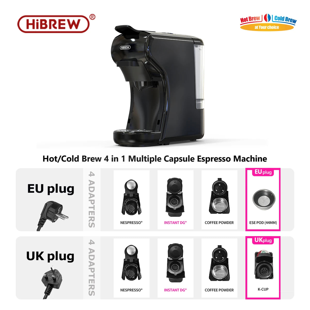 HiBREW 4-in-1 Coffee Machine - 19 Bar Espresso Pod Maker for Hot Cold Drinks
