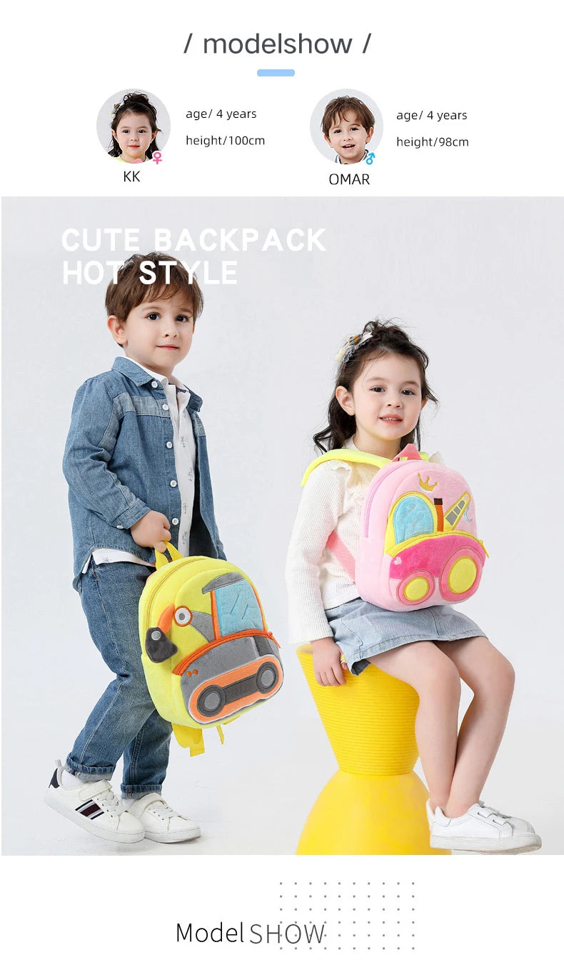 Kids Cartoon Excavator Backpack - Plush Engineering School Bag for Ages 2-4 - ZOOMNSTORE