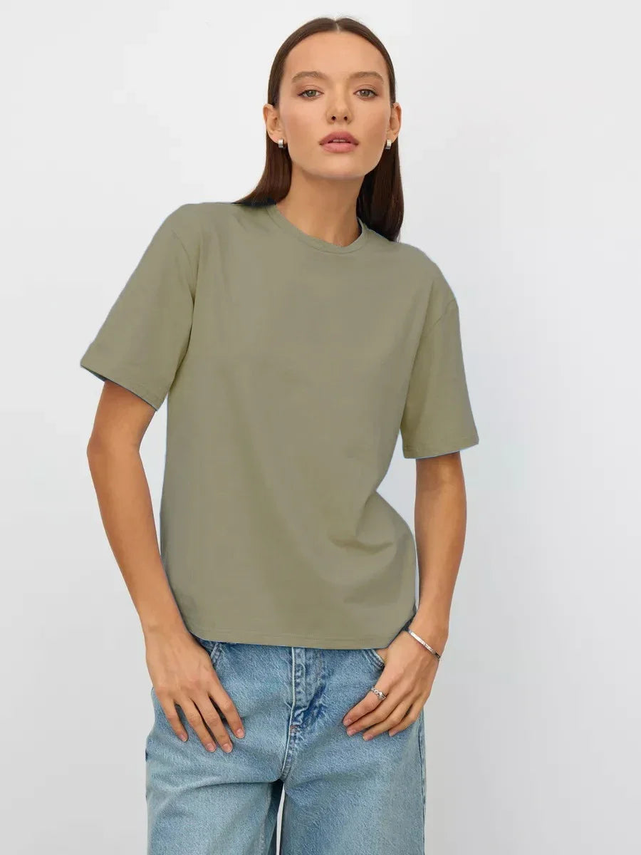 Cotton Summer Womens T-Shirt - Short Sleeve Loose Basic Top - ZOOMNSTORE