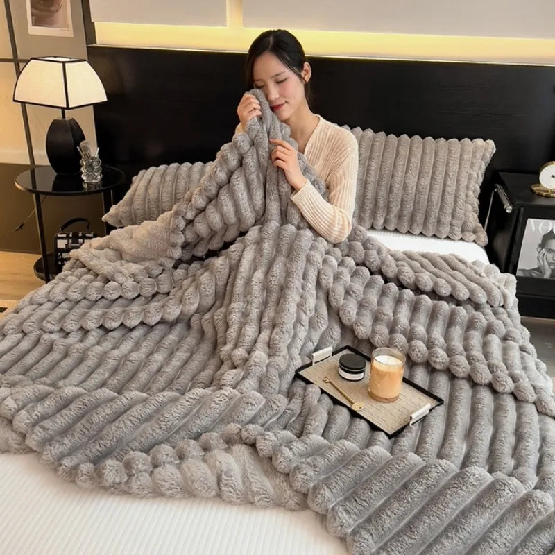 Artificial Rabbit Plush Blanket - Soft Coral Fleece Throw for Bed Sofa - ZOOMNSTORE