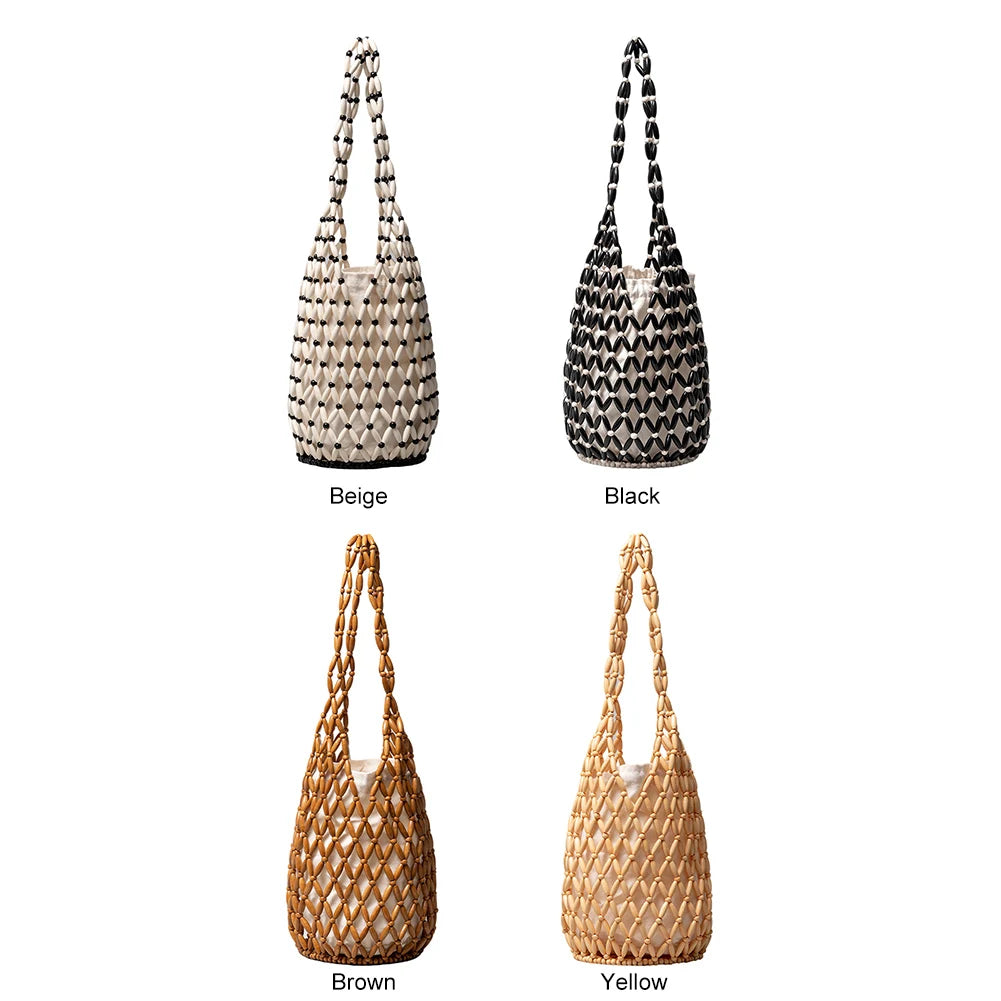 Handmade Wooden Beaded Tote Bag - Woven Shoulder Bag for Travel - ZOOMNSTORE