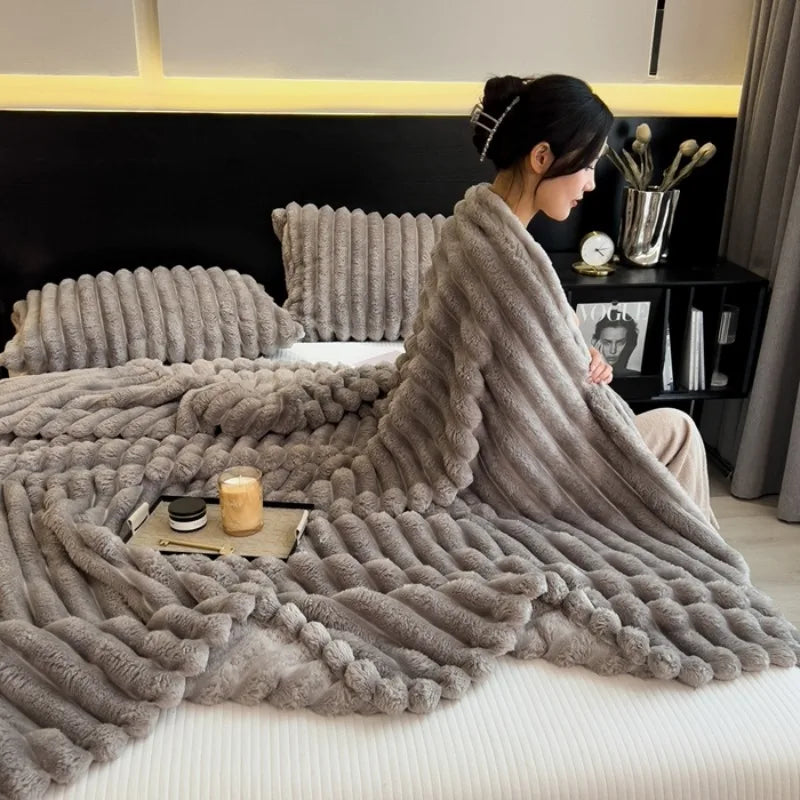 Artificial Rabbit Plush Blanket - Soft Coral Fleece Throw for Bed Sofa - ZOOMNSTORE