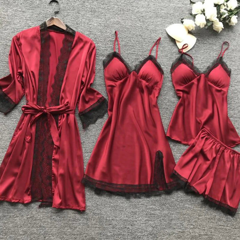 Sexy Lace Pajamas Set - V-Neck Nightdress with Chest Pads for Women - ZOOMNSTORE