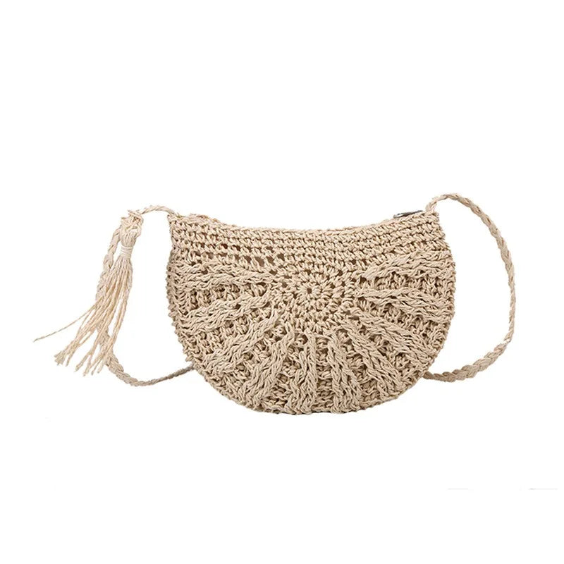 Half Moon Rattan Crossbody Bag - Handmade Woven Straw Beach Bag for Women