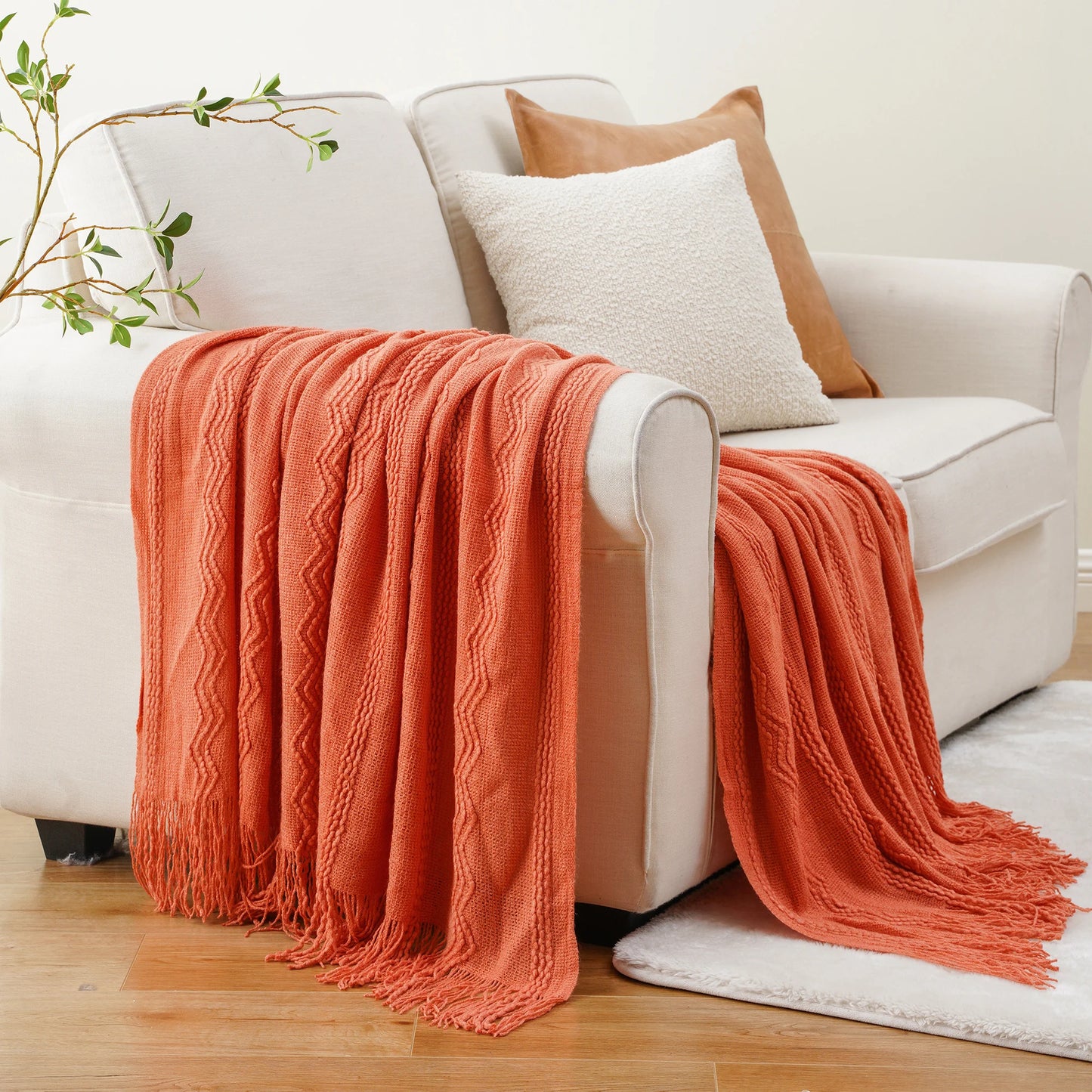 Caramel Knit Throw Blanket - Lightweight Plaid Blanket for Couch and Bed