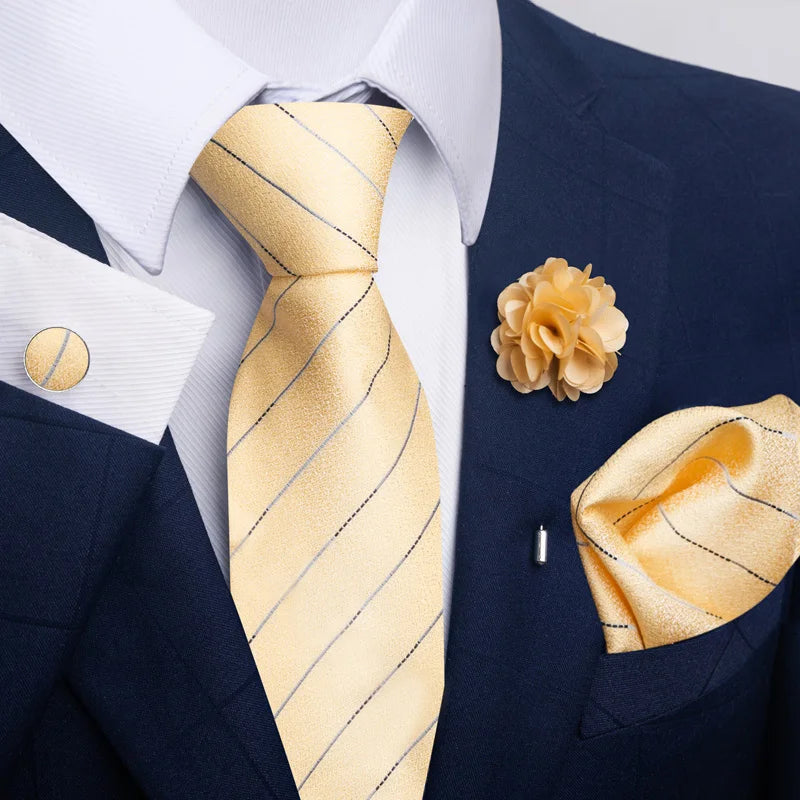 Luxury Mens Floral Black Gold Tie Set - Paisley Necktie Pocket Square Cufflinks Brooch for Weddings and Parties