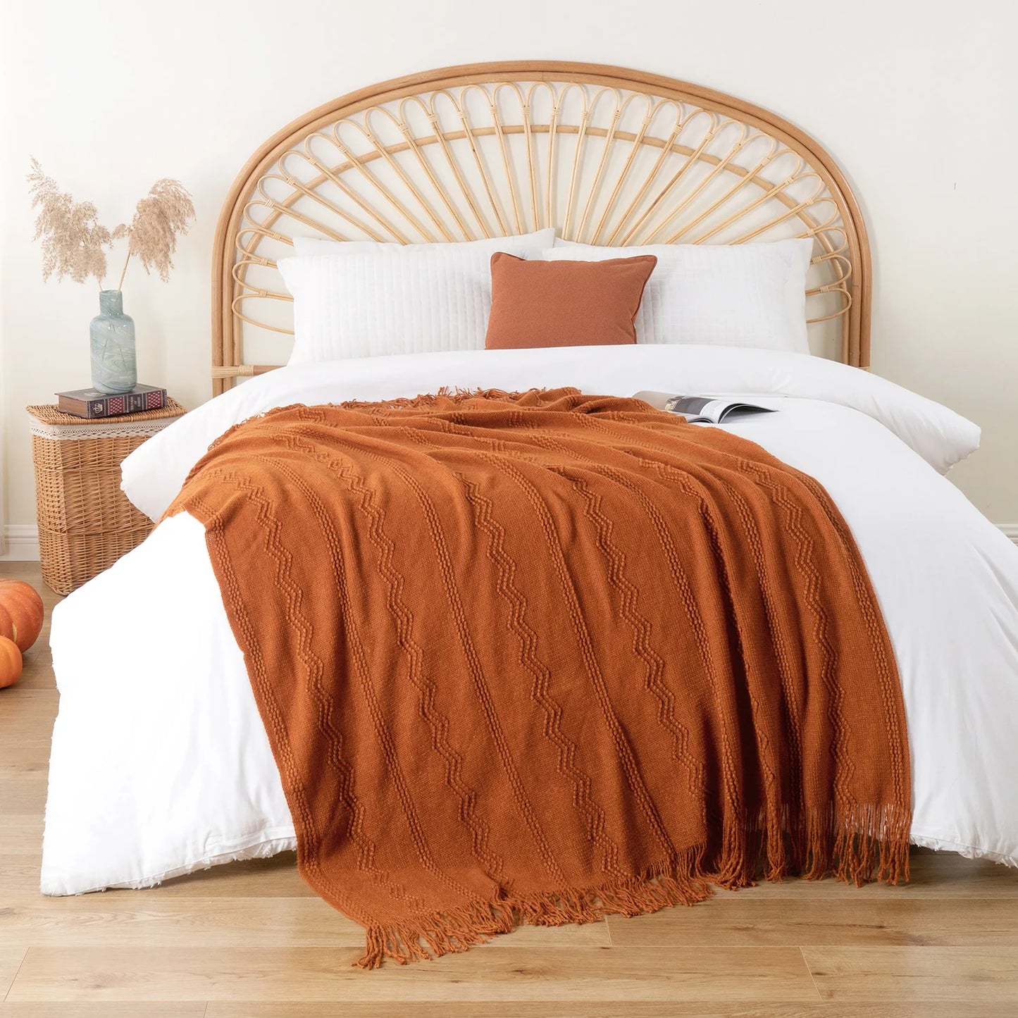 Caramel Knit Throw Blanket - Lightweight Plaid Blanket for Couch and Bed