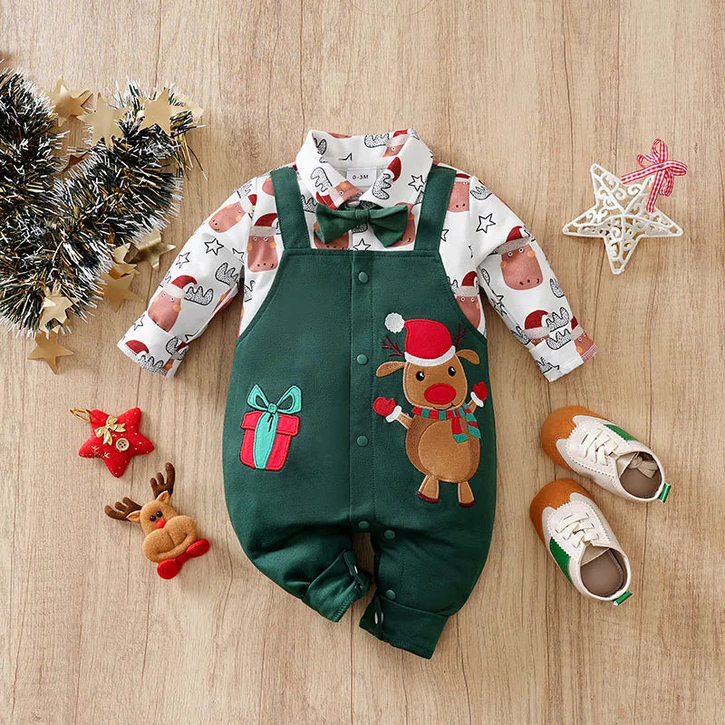 Baby Romper Cotton - Newborn Unisex Velvet Santa Elk Long Sleeve 0-18 Months