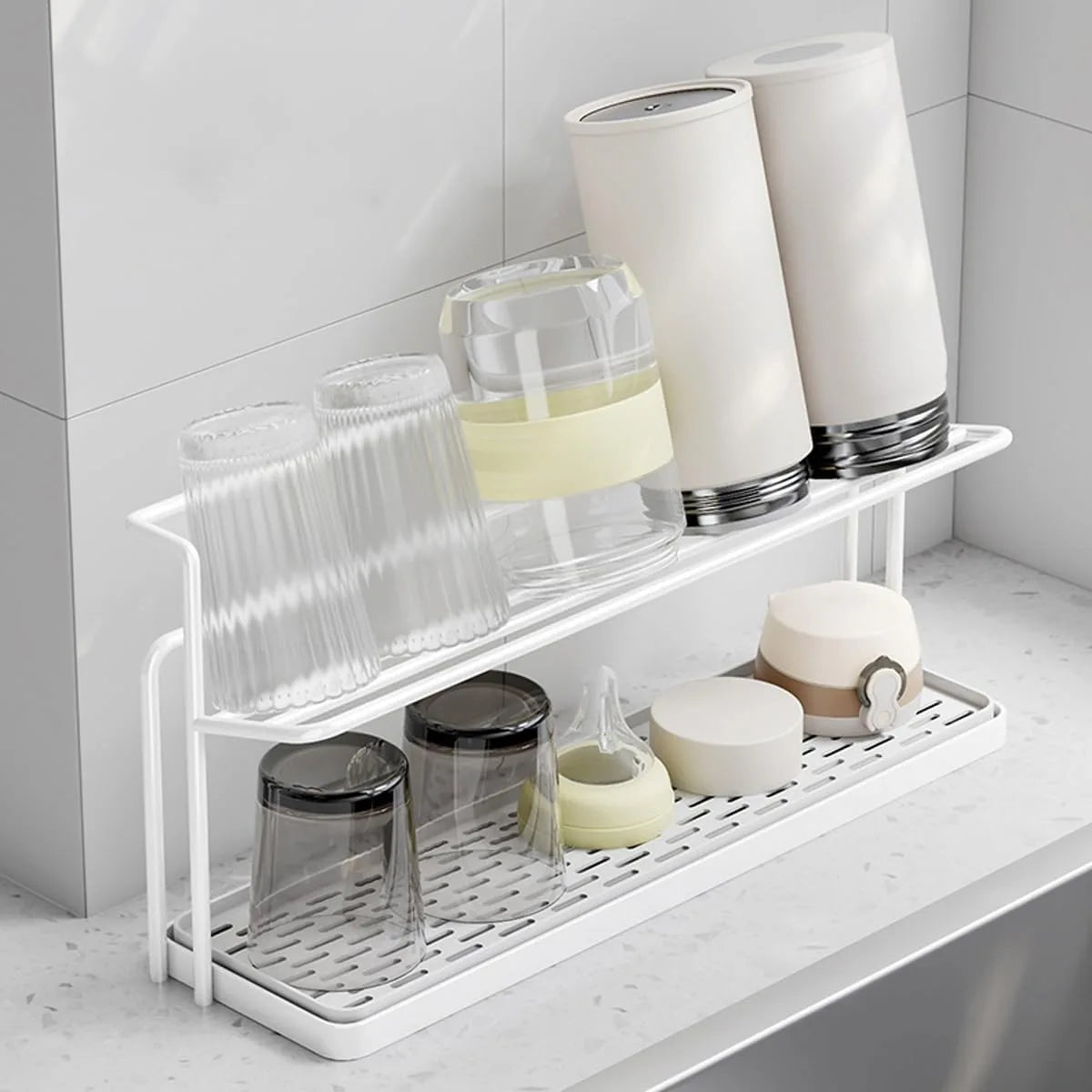 Bottle Drying Rack - 2 Tier Rust Proof Steel Kitchen Storage Rack with Removable Drain Tray
