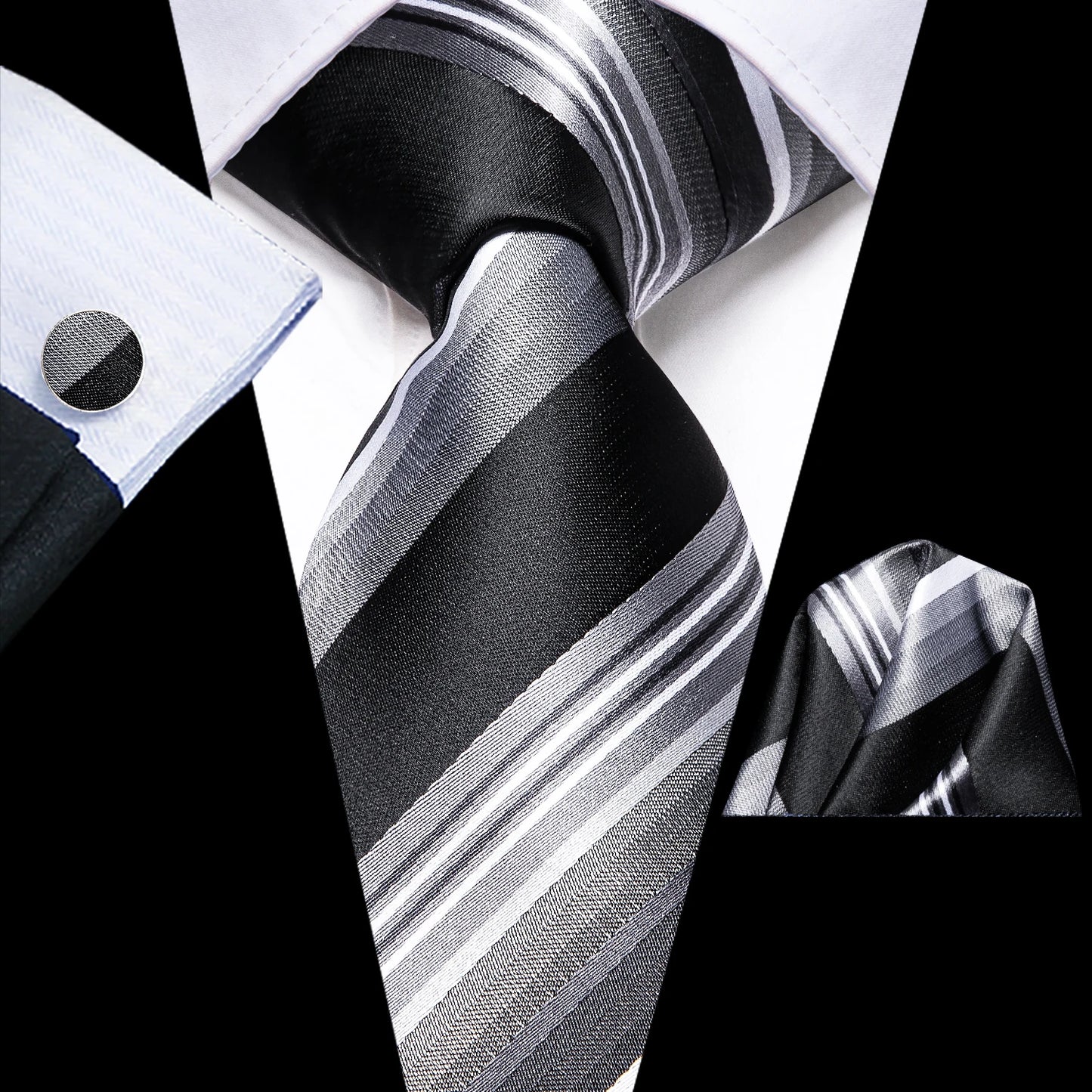 Black Floral Silk Wedding Tie Set - Elegant Necktie with Handkerchief Cufflinks for Men
