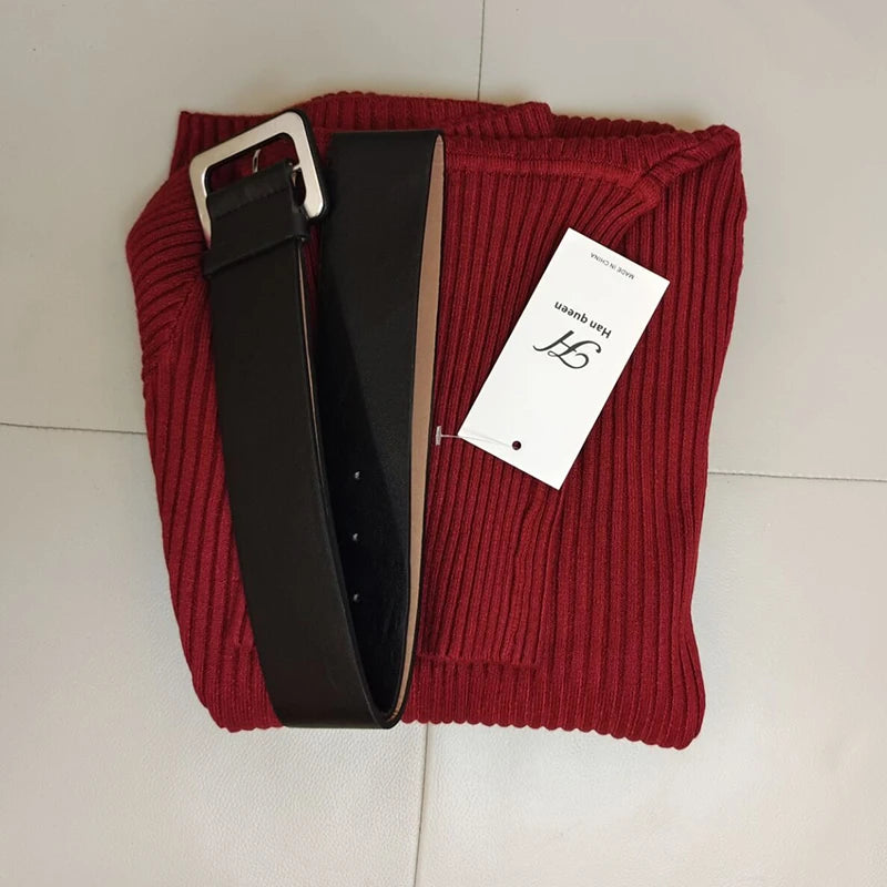 Knitted Turtleneck Bodycon Dress - Soft Elastic Midi Party Dress with Belt for Women
