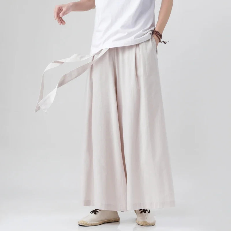 Chinese Style Linen Cotton Retro Pants Man Summer Kimono Solid Color Traditional Pants Male Streetwear Casual Wide-Leg Trousers