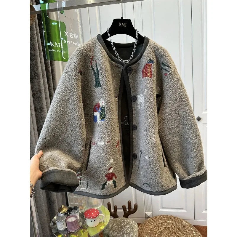 Lamb Wool Coat Women Fleece Sweatshirt Zipper Long Sleeve Jacket Warm Autumn Winter Jacket Loose Korean Fashion Streetwear New
