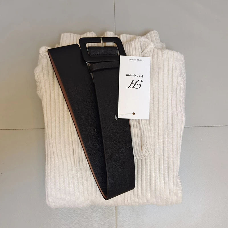 Knitted Turtleneck Bodycon Dress - Soft Elastic Midi Party Dress with Belt for Women