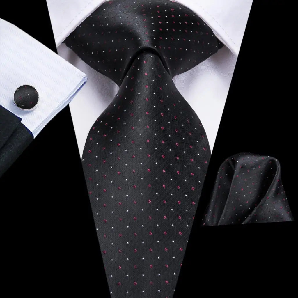 Black Floral Silk Wedding Tie Set - Elegant Necktie with Handkerchief Cufflinks for Men