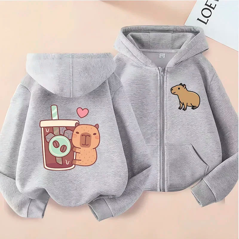 Kawaii Capybara Zip Up Hoodie - Childrens Manga Sweatshirt for Kids - ZOOMNSTORE