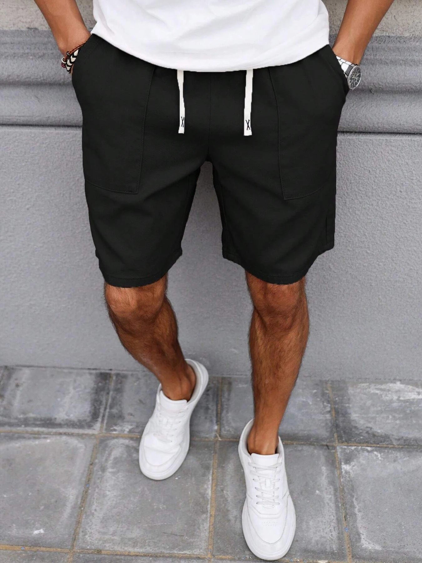 Summer Men's Retro American Style Shorts with Drawstring Casual Pants Included Solid Color Trendy Mid-Length Men's Shorts