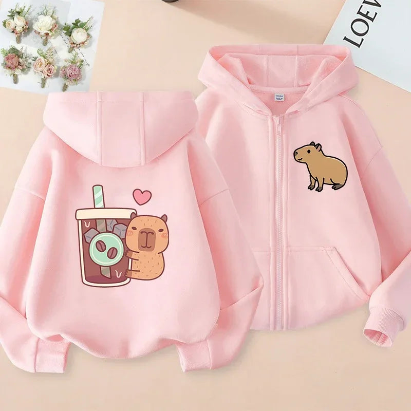 Kawaii Capybara Zip Up Hoodie - Childrens Manga Sweatshirt for Kids - ZOOMNSTORE