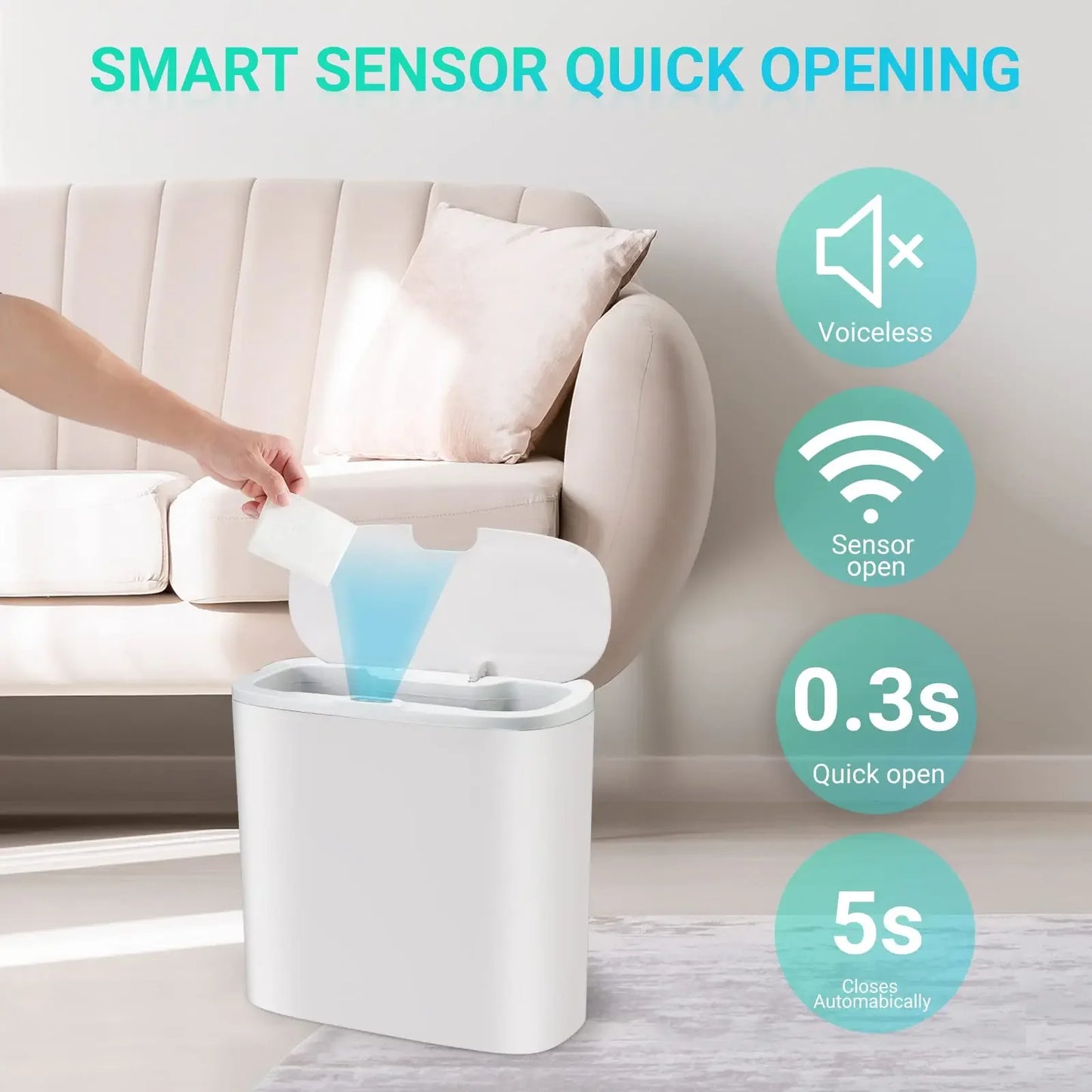 Touchless Motion Sensor Trash Can - Automatic Waterproof Slim Garbage Bin for Bathroom and Kitchen