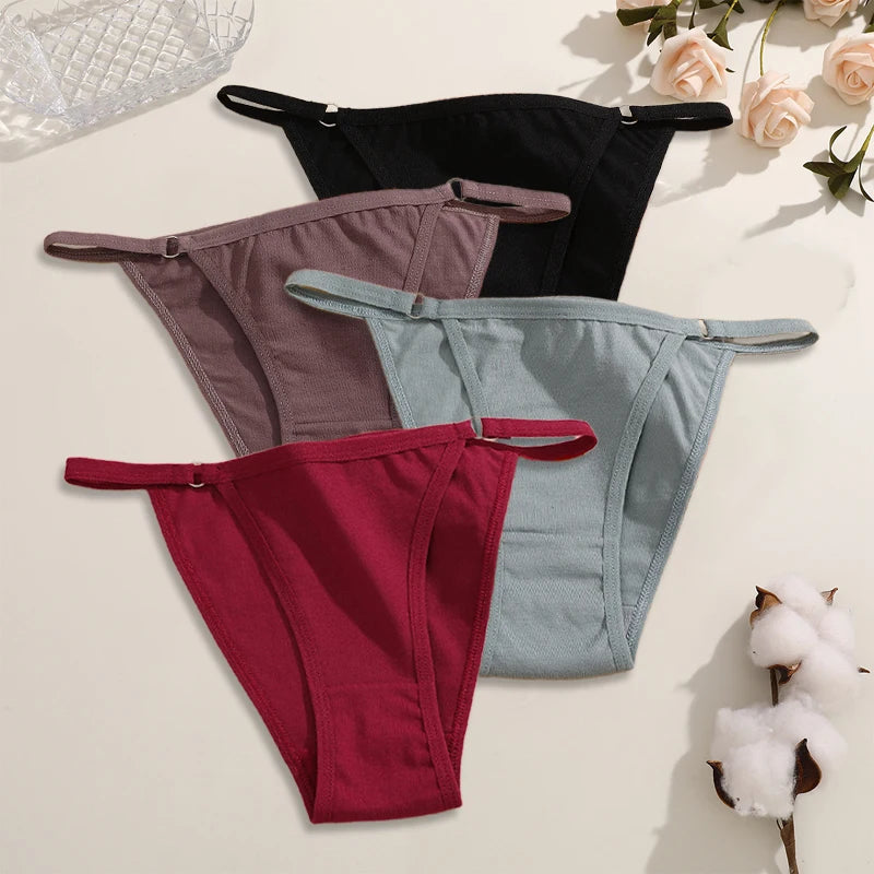 FINETOO 4Pcs Women's Cotton Panties Sexy Metal Ring Waist Underwear Solid Breathable Panties Ladies Soft Briefs Comfort Lingerie
