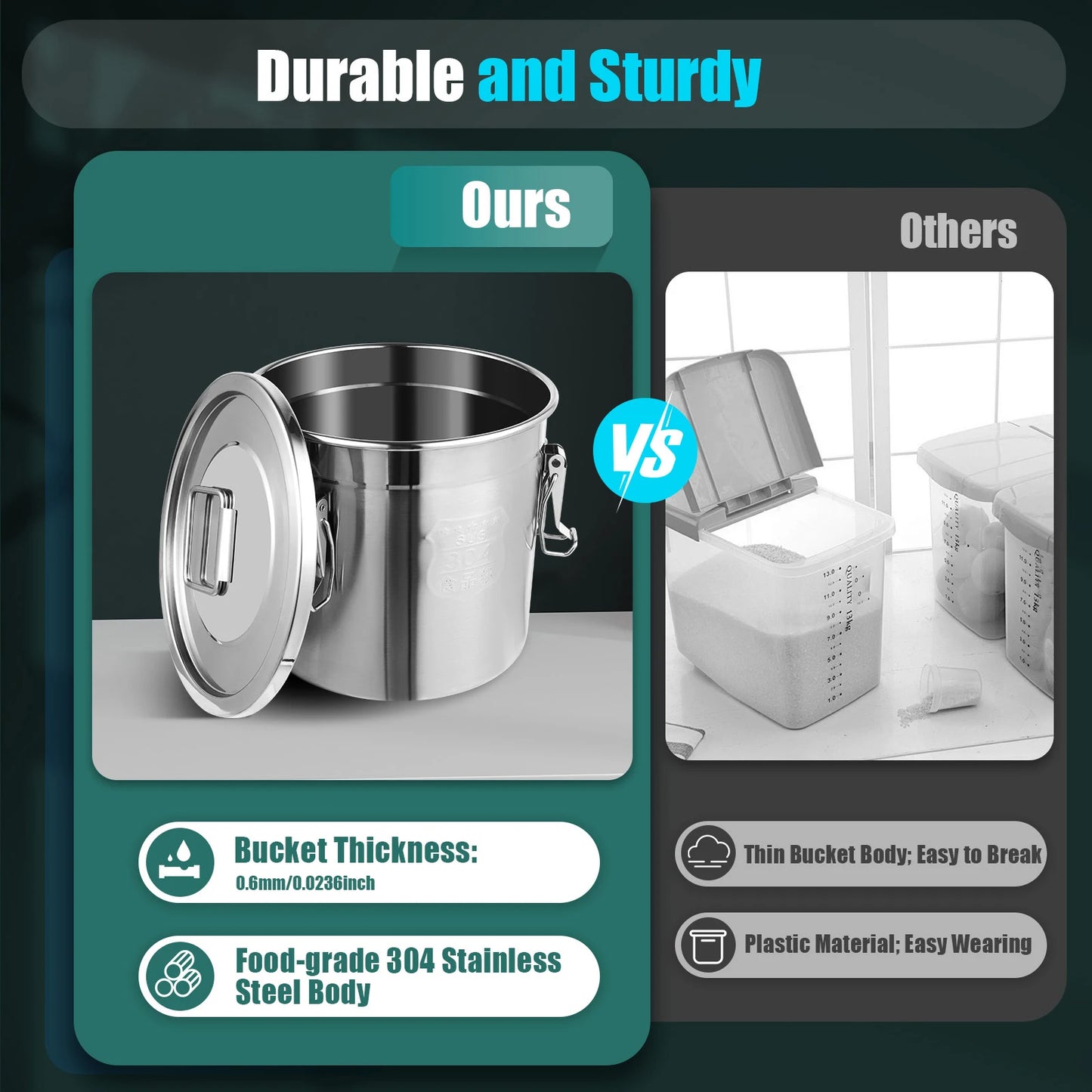 Stainless Steel Cereal Container - 12L Airtight Rice and Oil Storage Bucket - ZOOMNSTORE