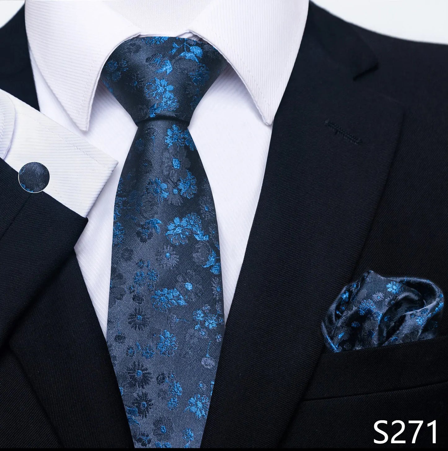 Mens Blue Gold Tie Pocket Square Set - Wedding Party Accessories