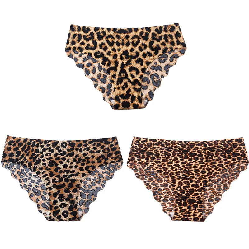 3pcs Women's Seamless Ice Silk Panties Female Mid Waist Plus Size Leopard Print Underwear Girls Fashion Brief Lady Comfort Panty