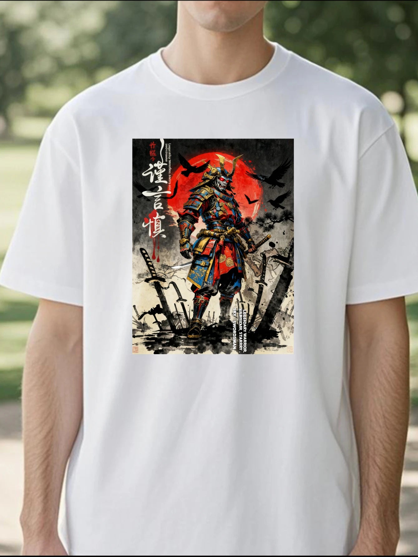 100% pure cotton short sleeved T-shirt Samurai Warrior Standing With Sword Red Moon Background Japanese Calligraphy Artwork Traditional Style Design Easy to wear and match, comfortable and fashionable, suitable for all season