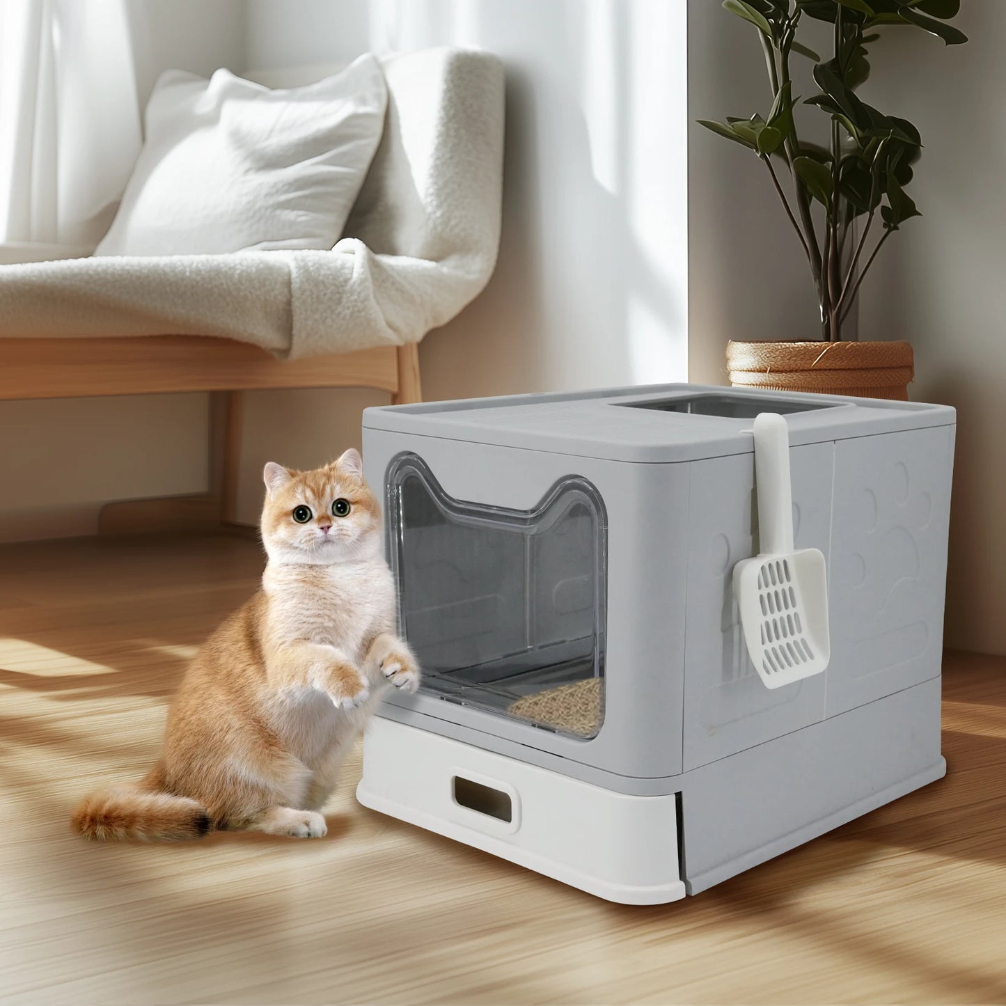 Bingopaw Stainless Steel Cat Litter Box - Front Entry with Lid Litter Scoop for Easy Cleaning - ZOOMNSTORE