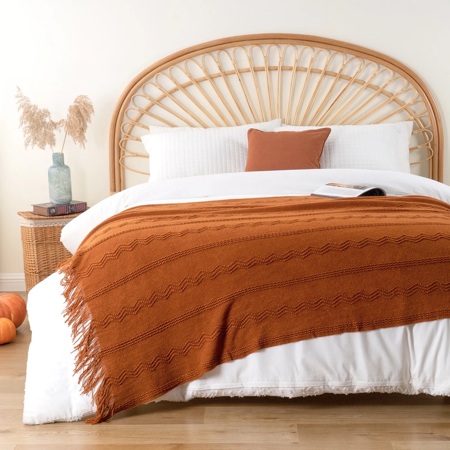 Caramel Knit Throw Blanket - Lightweight Plaid Blanket for Couch and Bed