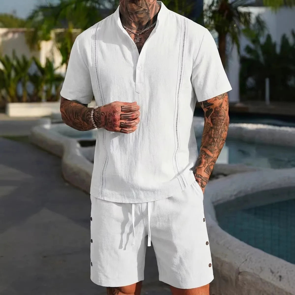 Men's Summer Fashion Cotton Linen Short-Sleeved Shirt And Breathable Short Pants Set Casual Lightweight Personalized Clothing