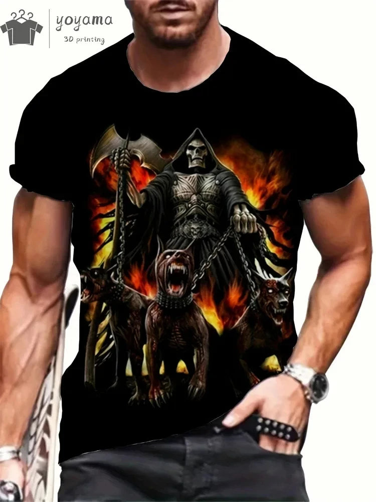 Mens Oversized 3D Skull Print T-Shirt - Summer Horror Fashion Tee - ZOOMNSTORE