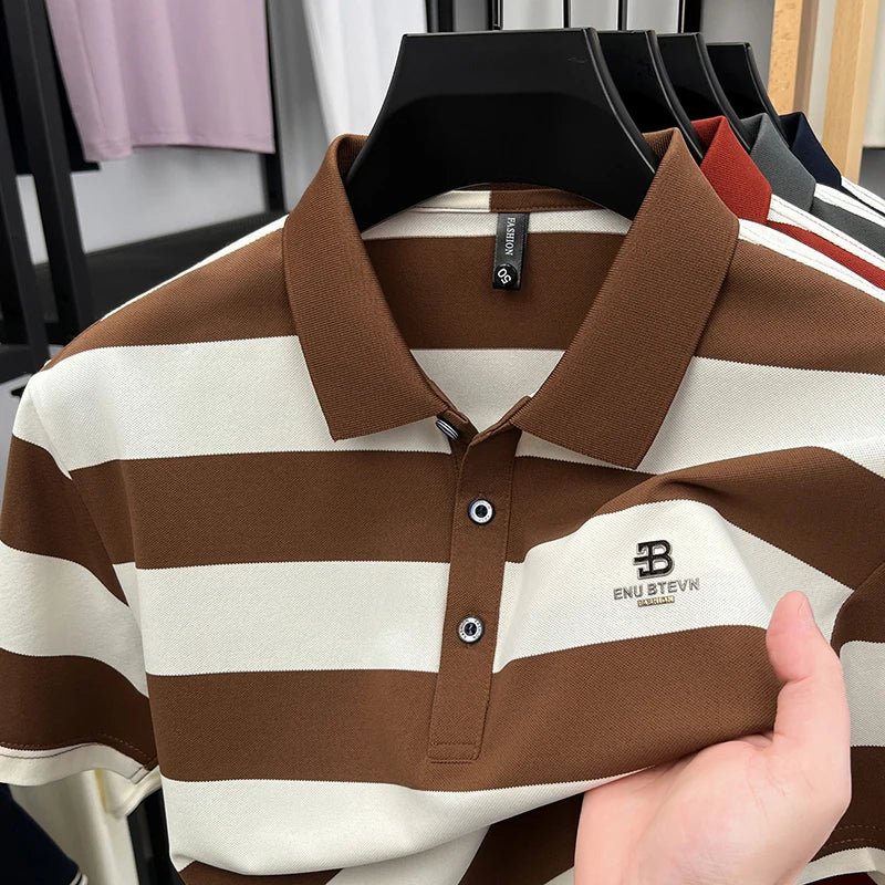Men's Golf Polo Shirt with Collar, Short Sleeves and Wide Stripes – Breathable Summer Casual Business T-shirt