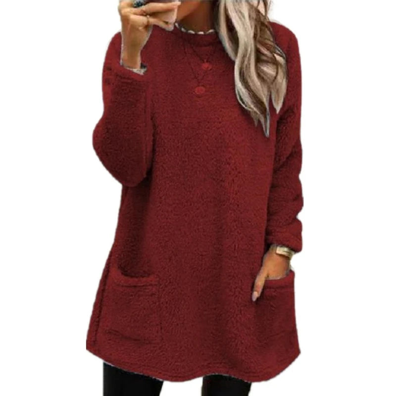 2025 Autumn Winter Women Warm Coat Streetwear Fleece Pocket Thinken Sweatershirt Autumn Female Casual Loose Outfits Casual Tops