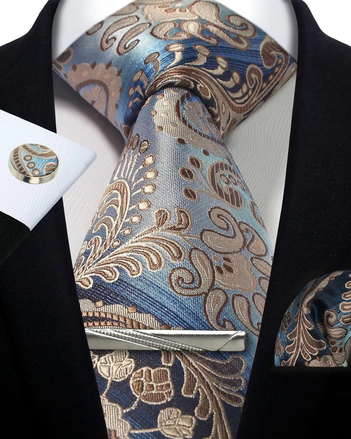 Mens Silk Tie Set - Silver Paisley Necktie with Pocket Square Cufflinks for Formal Events