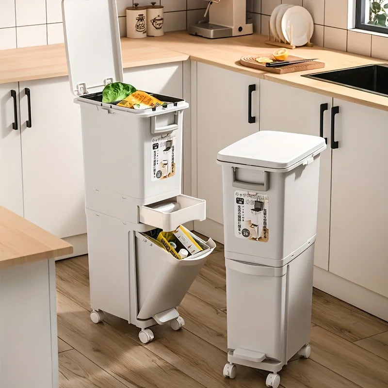 Large Dual-Compartment Trash Can - Durable Plastic Bin for DryWet Separation