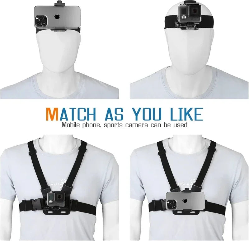 2 in 1 Mobile Phone Chest Strap Harness Stand Head Strap Holder Kit for IPhone GoPro POV Vlog Selfie Stick Tripod Bracket Mount