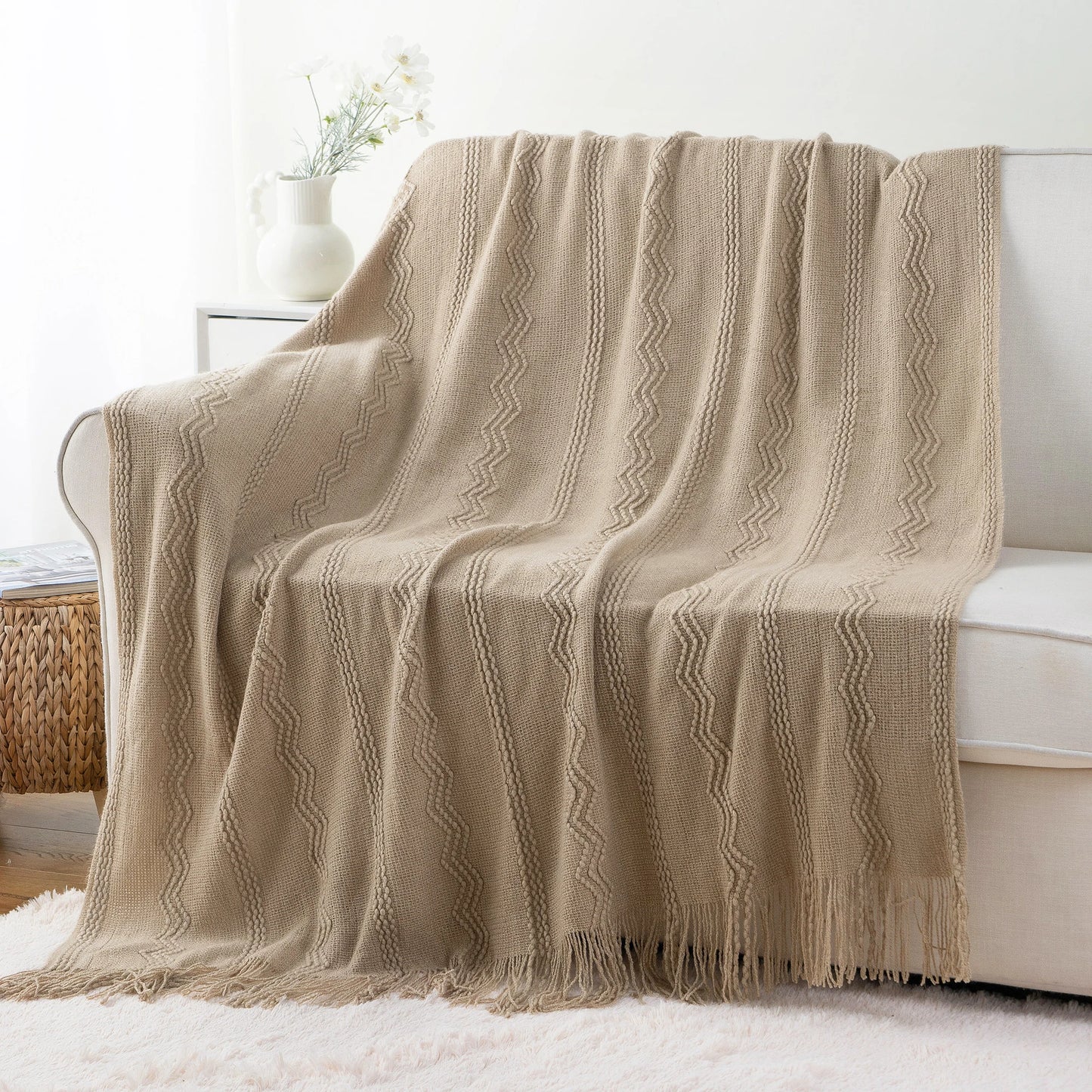 Caramel Knit Throw Blanket - Lightweight Plaid Blanket for Couch and Bed