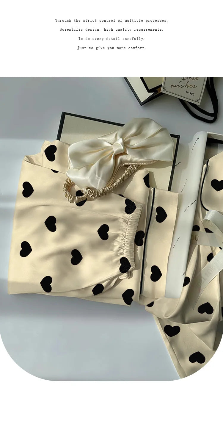 Women's Spring and Summer Light Luxury High Value Love Love Ice Silk Cool Feeling Pajamas Female Long-Sleeved Two-Piece Homewear