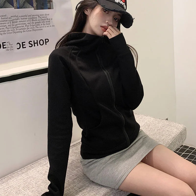 Gray Zipper Hooded Sweatshirt Women 2026 New Korean Slim Fit Cardigan Long Sleeve Coat Woman Solid Pockets Sports Hoodies Jacket